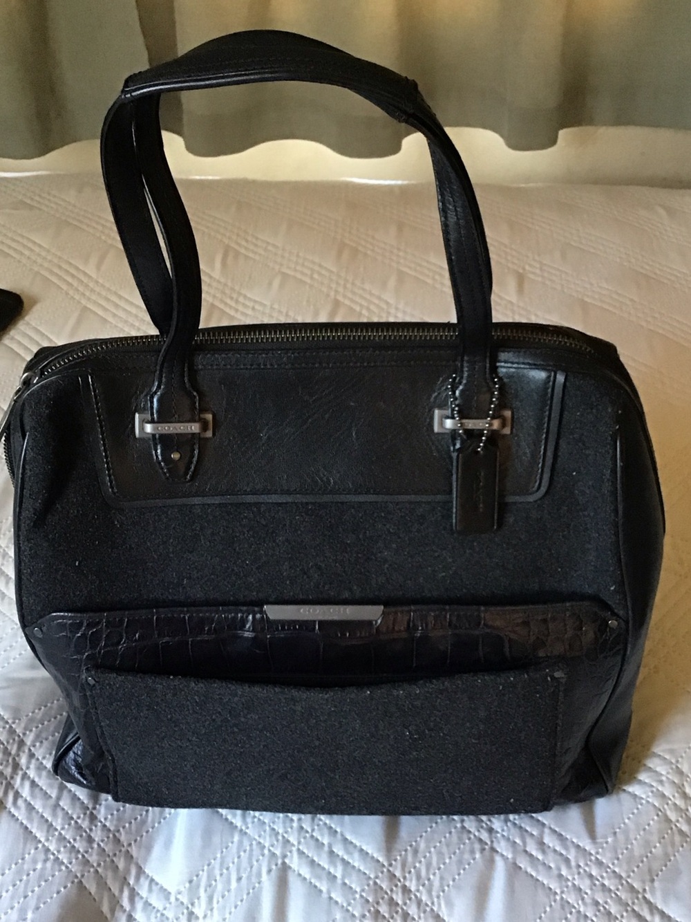 Coach Black Leather and Wool Briefcase with Croc-Trim Pocket